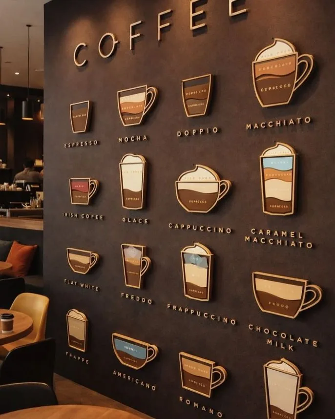 Branded coffee menu wall in a newly fitted store
