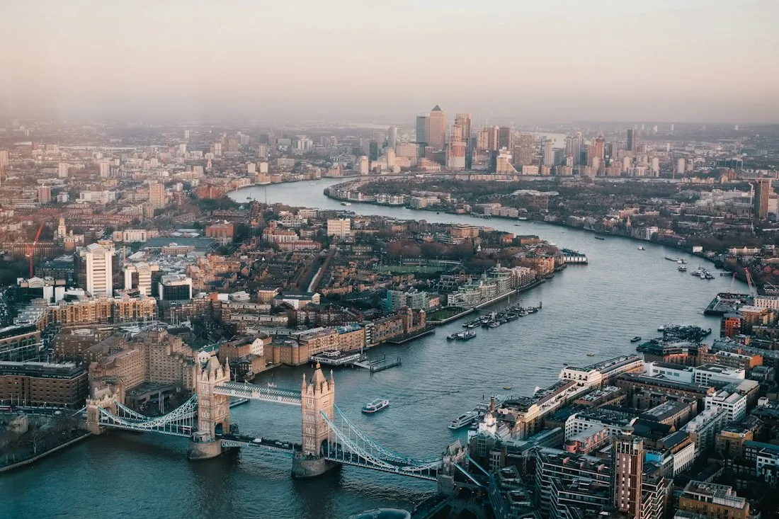 Aerial view of London at dusk